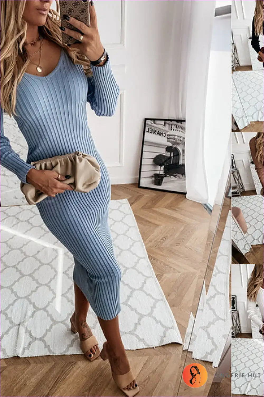 Ribbed V-neck Midi Dress - Casual Sophistication for All Season, Bodycon, Casual, Dress, Dresses