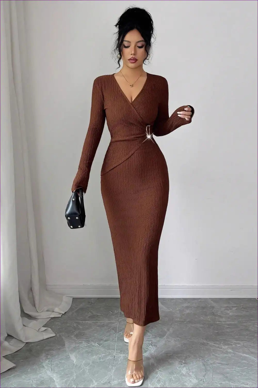 Ribbed Wrap Dress with Ring Detail - Sophisticated Comfort for A-line, Autumn, Casual, Everyday,