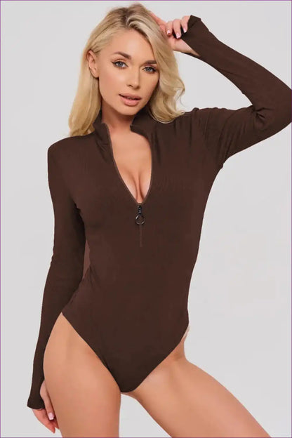 Ribbed Zip-front Bodysuit with Long Sleeves - Sleek Everyday for Bodycon, Bodysuit, Casual, Everyday, Jersey