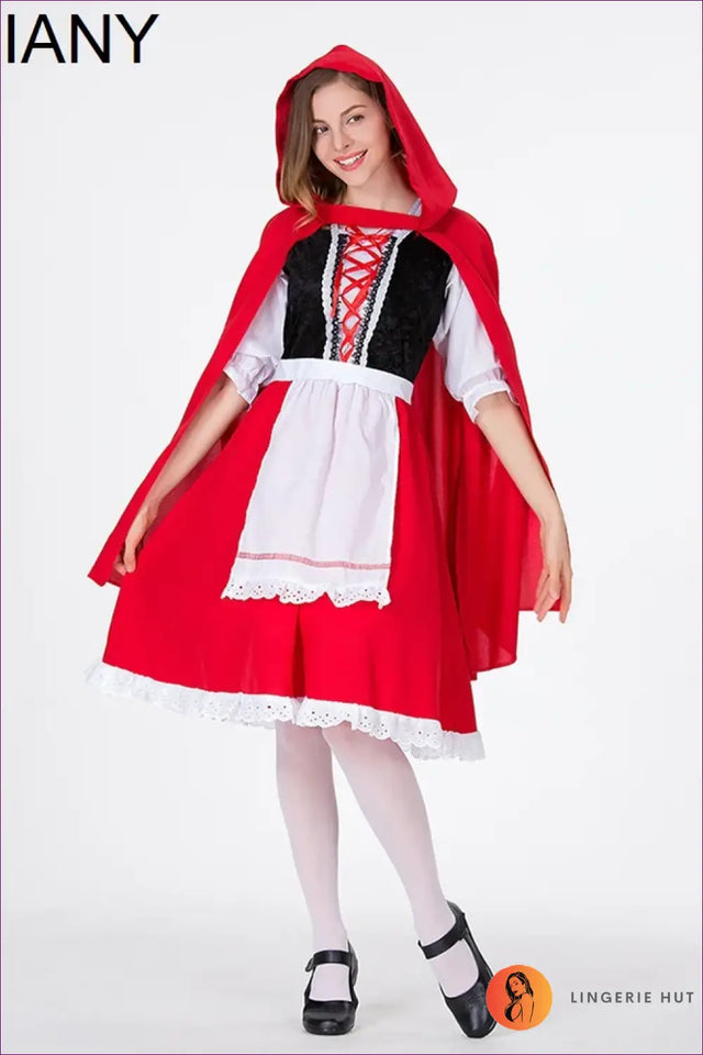 Riding Hood Costume Set - Hooded Cape Lace Bodice Mini Skirt