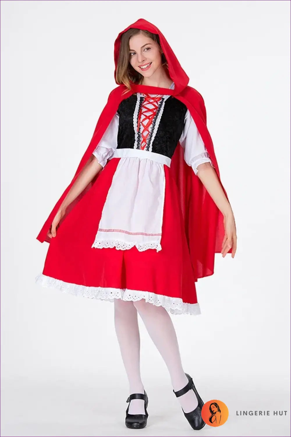 Riding Hood Costume Set - Hooded Cape Lace Bodice Mini Skirt - Red / s / China Mainland|red - Halloween