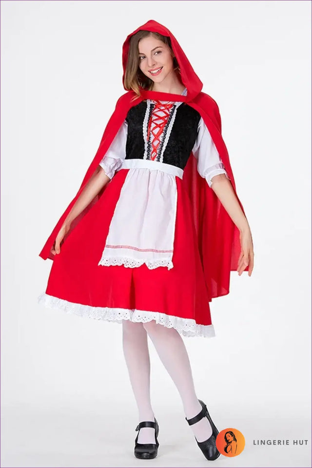Riding Hood Costume Set - Hooded Cape Lace Bodice Mini Skirt