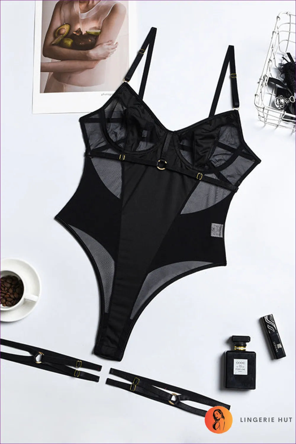 Turn Heads With Our Ring Detail Mesh Backless Thong Bodysuit. Sheer Mesh, Golden Ring Detailing,