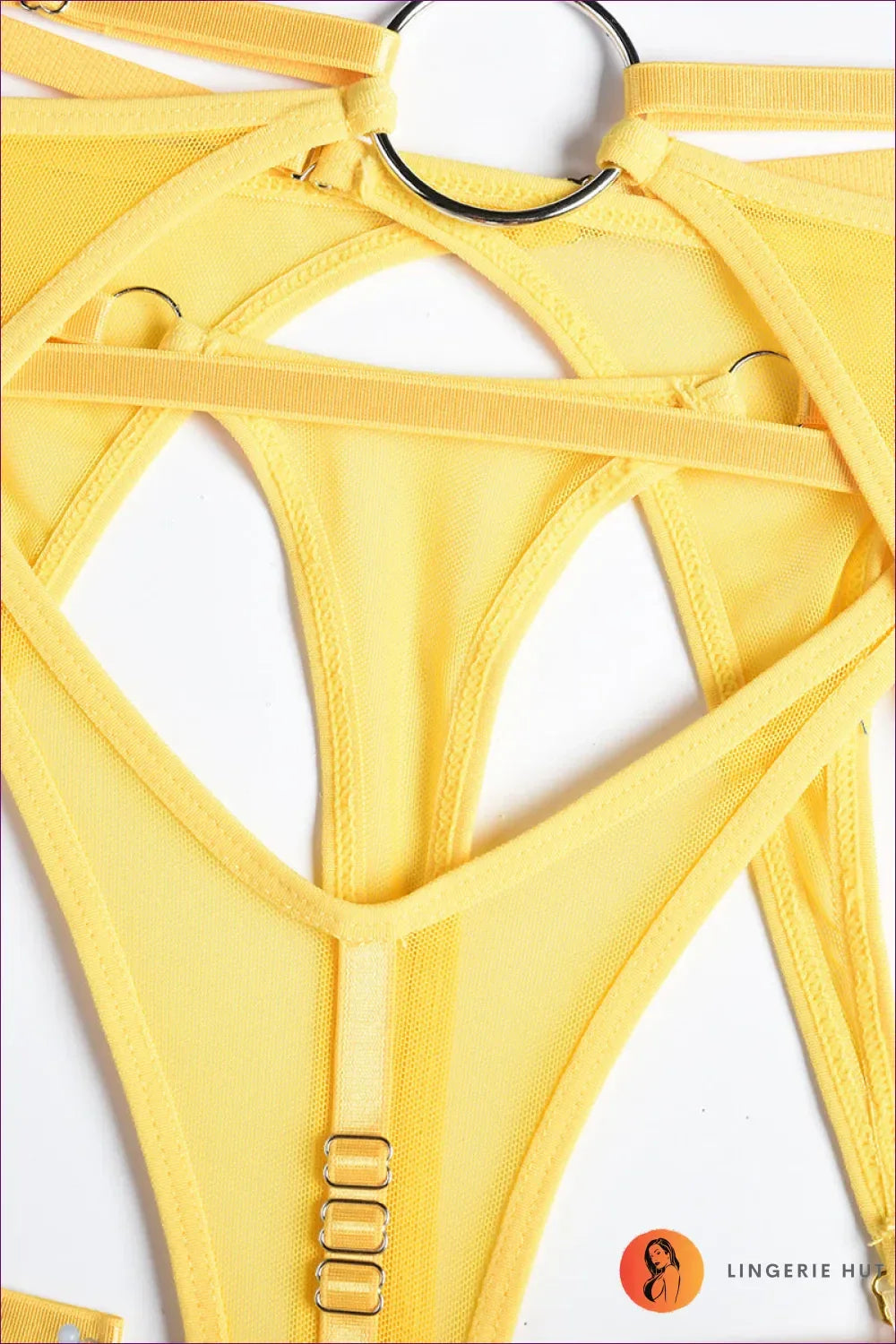 Unleash Your Sensuality With Our Ring Detail Mesh Harness Bra Set With Garter Belt. Delicate Mesh, Gold-tone
