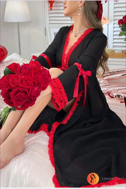 Lace Trim Maxi Robe - Luxe Evenings in - s / Black - Lingerie Hut - All Season • Boudoir • Evening Wear • Glamour