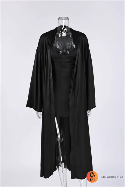 Robe and Slip Set with Lace Trim - Bridal Morning Calm - s / Black - just in • Mini • Night • Nightdress - Lingerie Hut