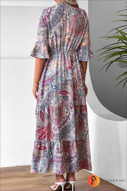 Redefine Elegance With Our Romantic Printed Maxi Dress Featuring Ruffle Short Sleeves. Soft, Smooth,