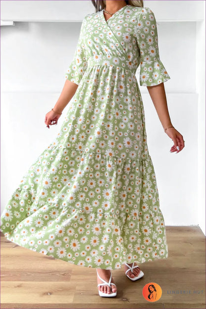 Redefine Elegance With Our Romantic Printed Maxi Dress Featuring Ruffle Short Sleeves. Soft, Smooth,