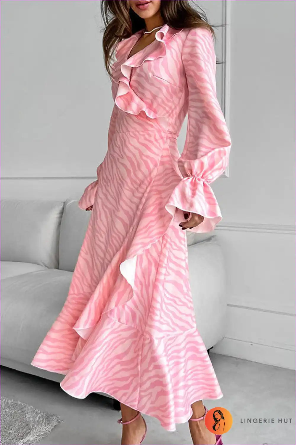 Romantic Ruffled Zebra Print Midi Dress - Pink Perfection for Every Occasion Animal, Date Night, Dress,