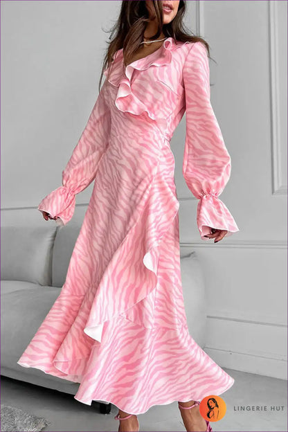 Romantic Ruffled Zebra Print Midi Dress - Pink Perfection for Every Occasion Animal, Date Night, Dress,