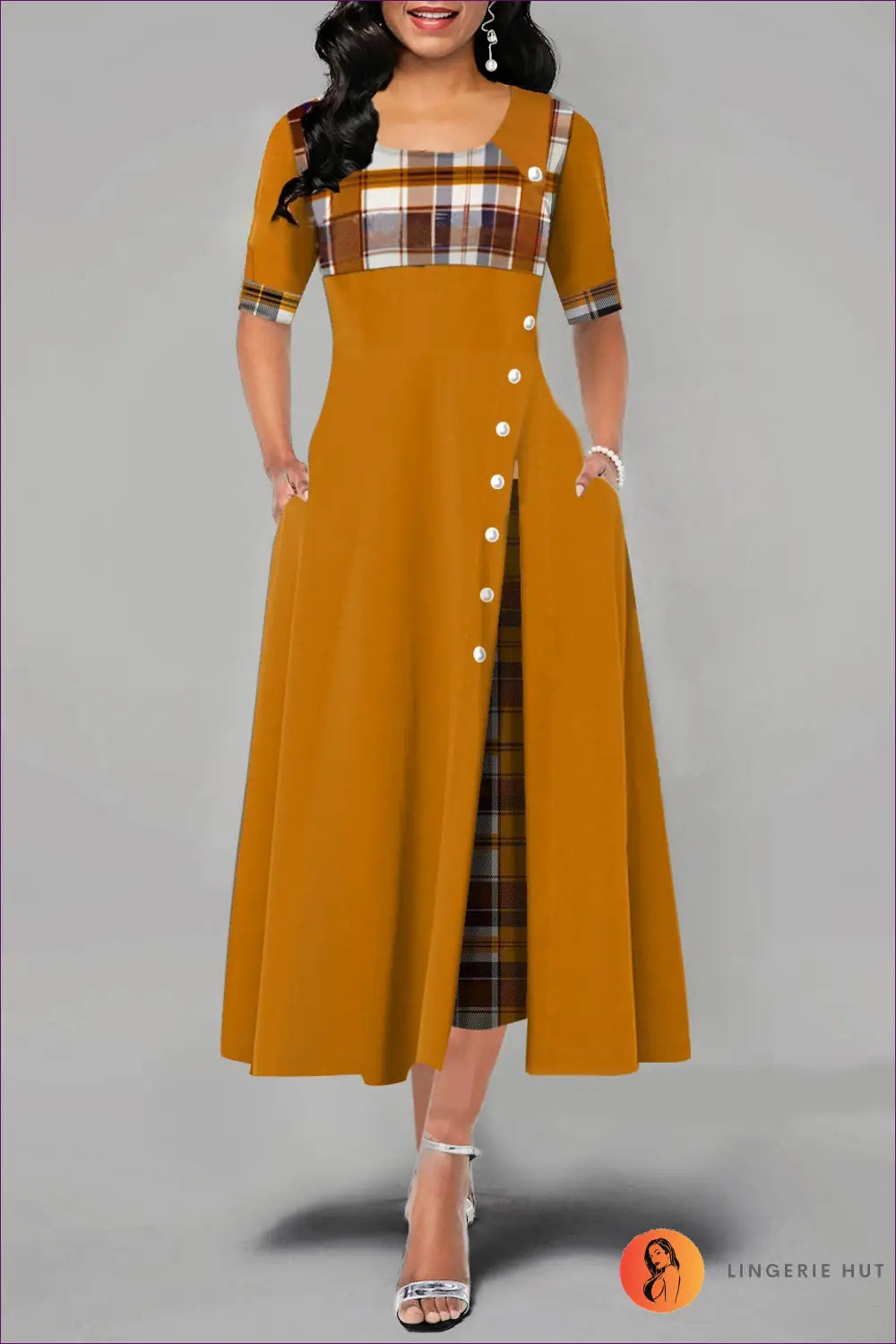 Step Into Timeless Elegance With Lingerie Hut’s Round Neck Contrast Color Half Sleeve Tartan Maxi Dress.