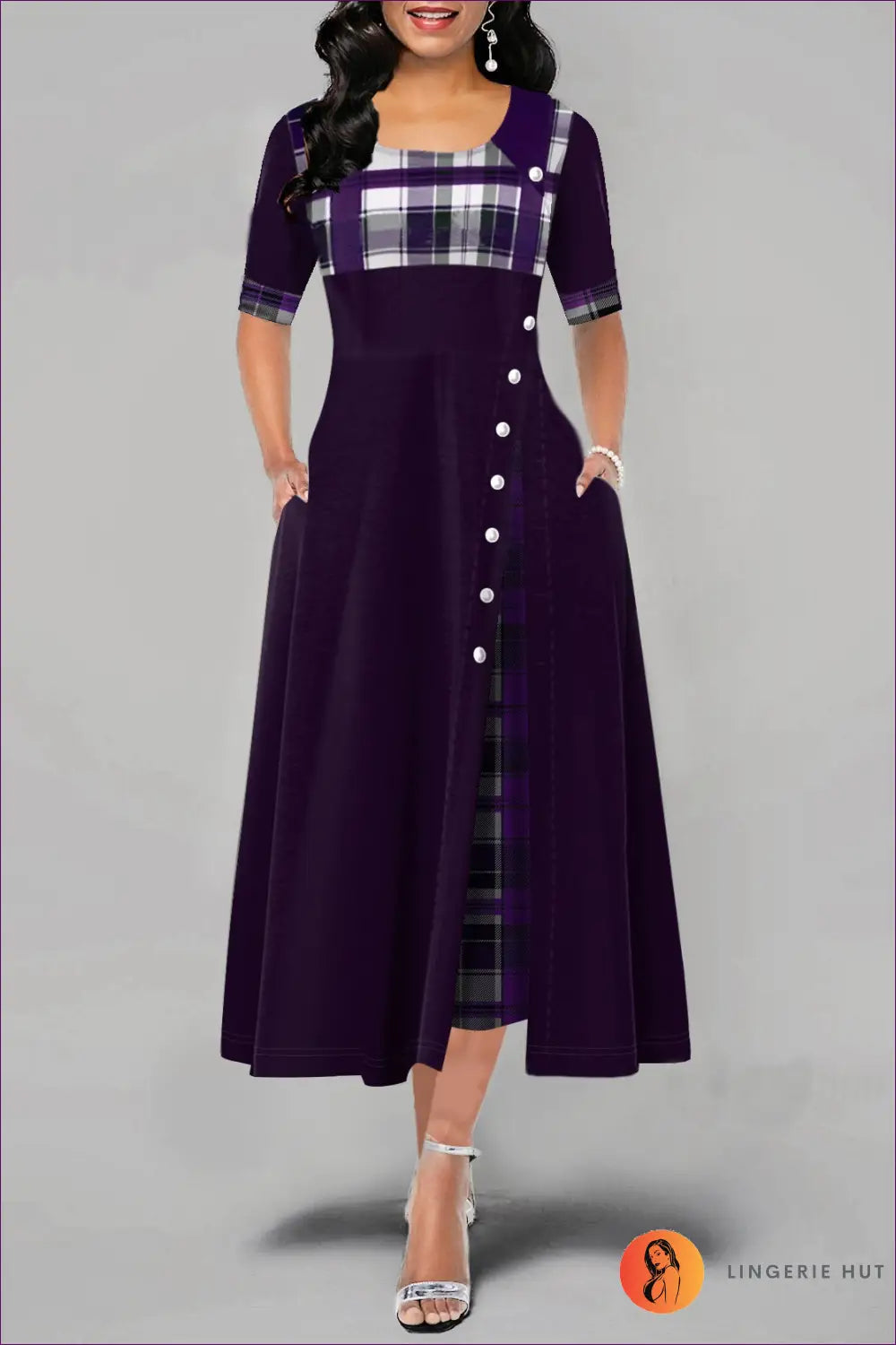 Step Into Timeless Elegance With Lingerie Hut’s Round Neck Contrast Color Half Sleeve Tartan Maxi Dress.