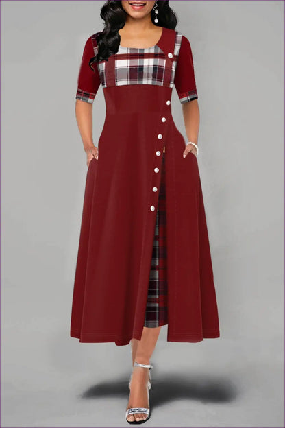 Step Into Timeless Elegance With Lingerie Hut’s Round Neck Contrast Color Half Sleeve Tartan Maxi Dress.