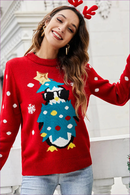 Light Up The Room This Holiday Season With Lingerie Hut’s Sequined Christmas Sweater. Animal Pattern And Loose
