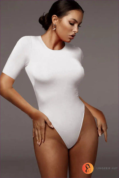 Discover The Perfect Blend Of Comfort And Style In Our Round Neck Short Sleeve Thong Bodysuit. Deep V-neck,