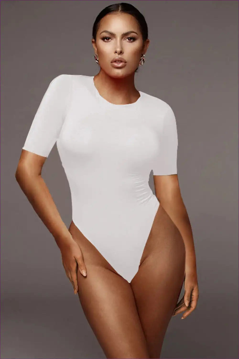 Round Neck Short Sleeve Thong Bodysuit - Timeless Elegance Free Shipping 30 Day Hassle Returns