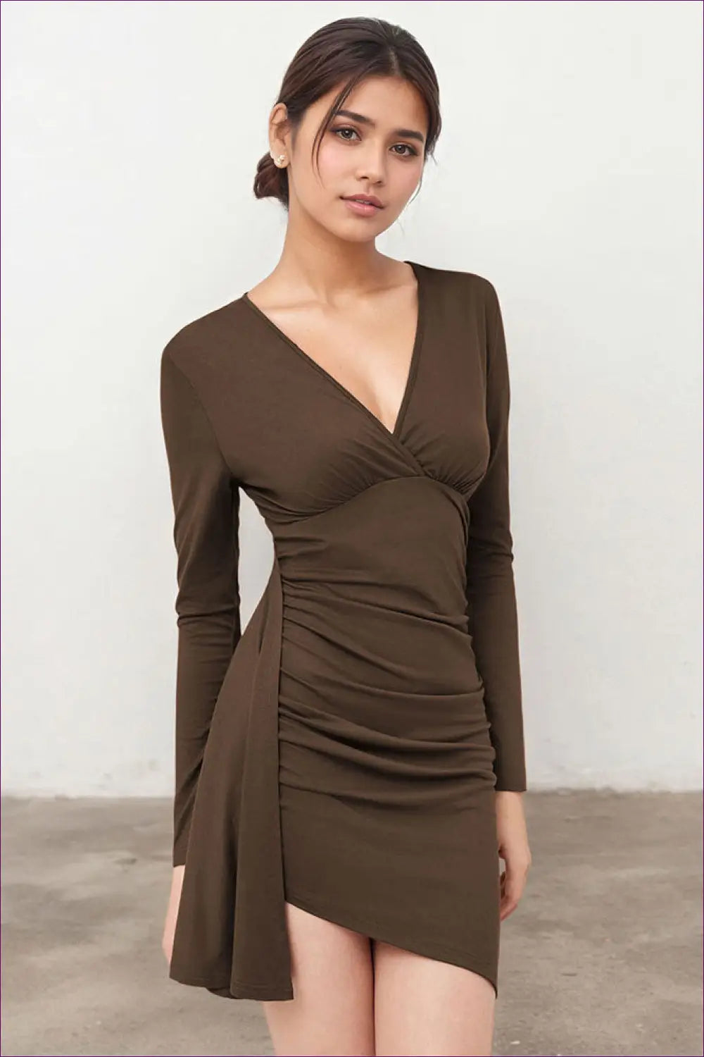 Ruched Asymmetric Mini Dress - Understated Edge for Cooler Days - Dresses - All Season • Asymmetric • Autumn • Bodycon