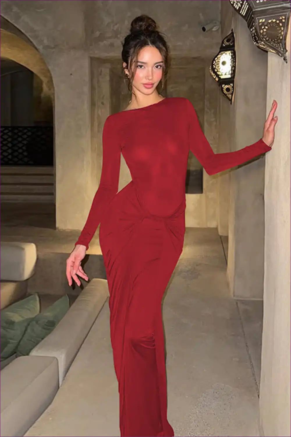 Ruched Bodycon Maxi Dress with Long Sleeves for Bodycon, Date Night, Evening Wear, Formal Glamour