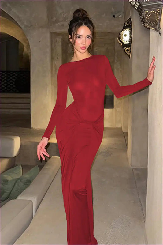 Ruched Bodycon Maxi Dress with Long Sleeves for Bodycon, Date Night, Evening Wear, Formal Glamour