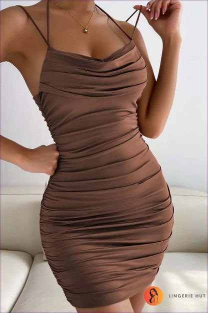 Ruched Bodycon Mini Dress - Effortless Event Glamour - s / Brown - Dresses - Lingerie Hut - All Season • Cutout • Date