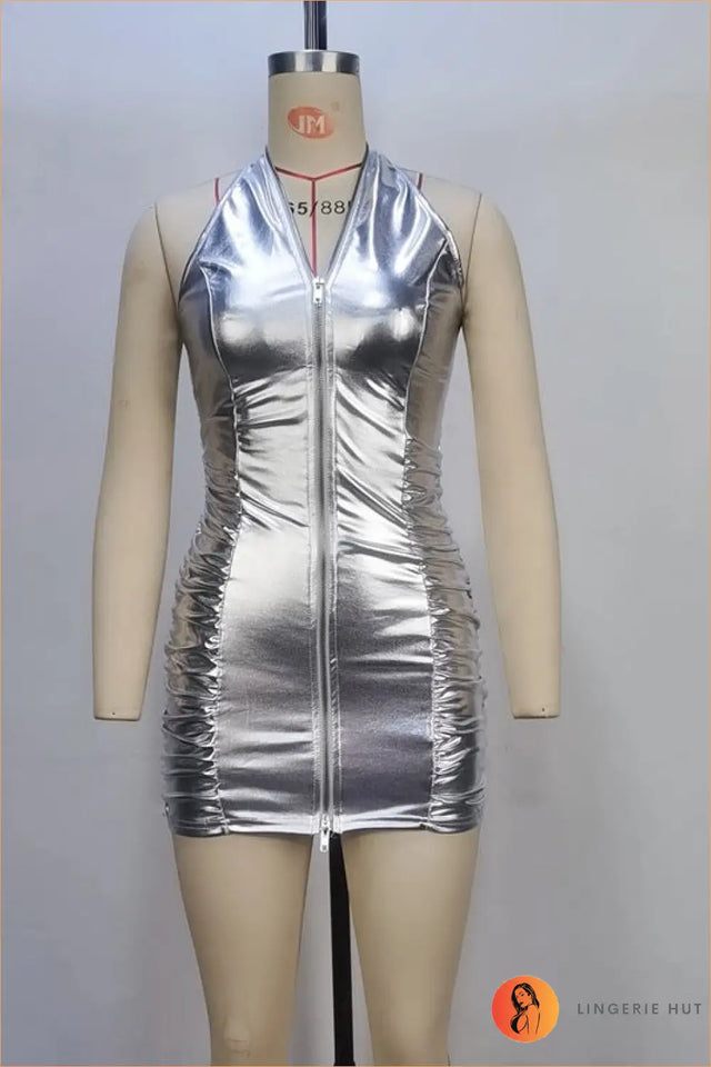 Metallic Zip Front Mini Dress