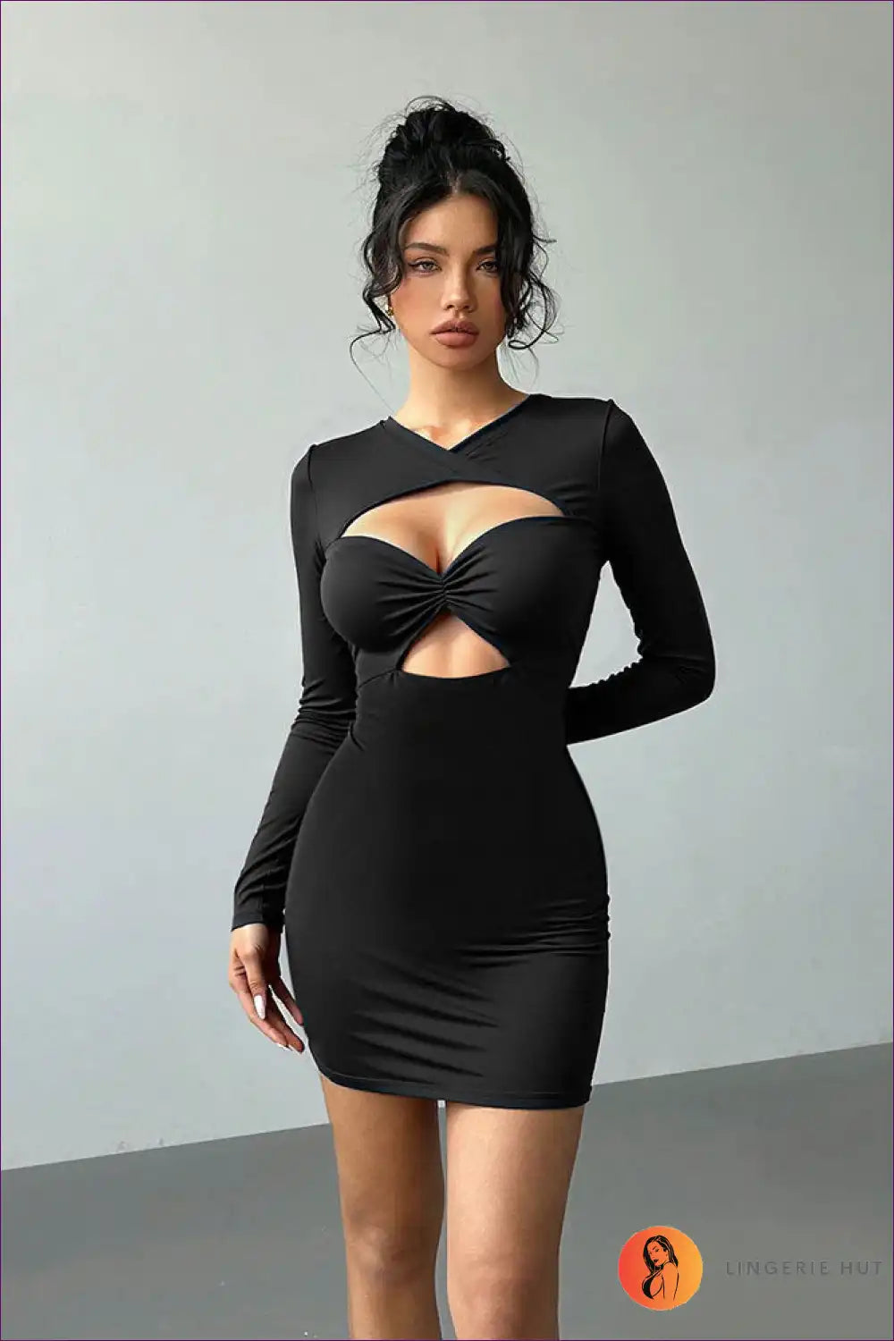 Ruched Cut-out Long Sleeve Mini Dress for Party Nights All Season, Bodycon, Clubwear, Cutout, Evening Wear