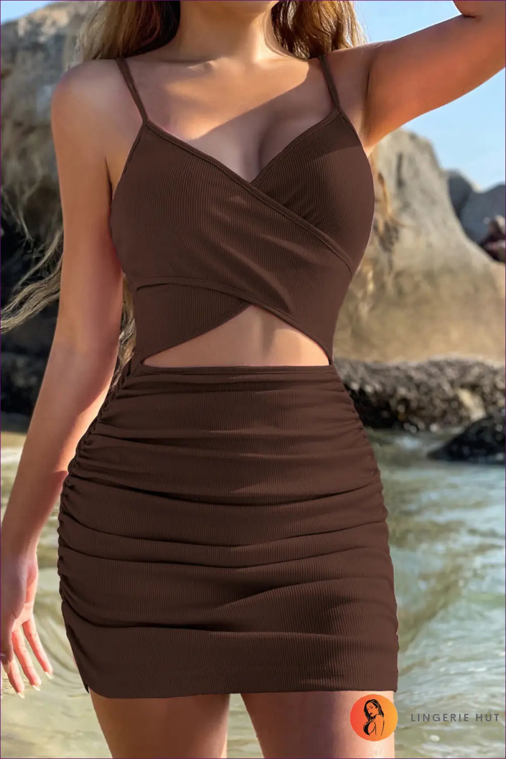 Ruched Cut-out Mini Dress – Beachside Glam - Xs / Brown - Dresses - Lingerie Hut - Bodycon • Cutout • Date Night