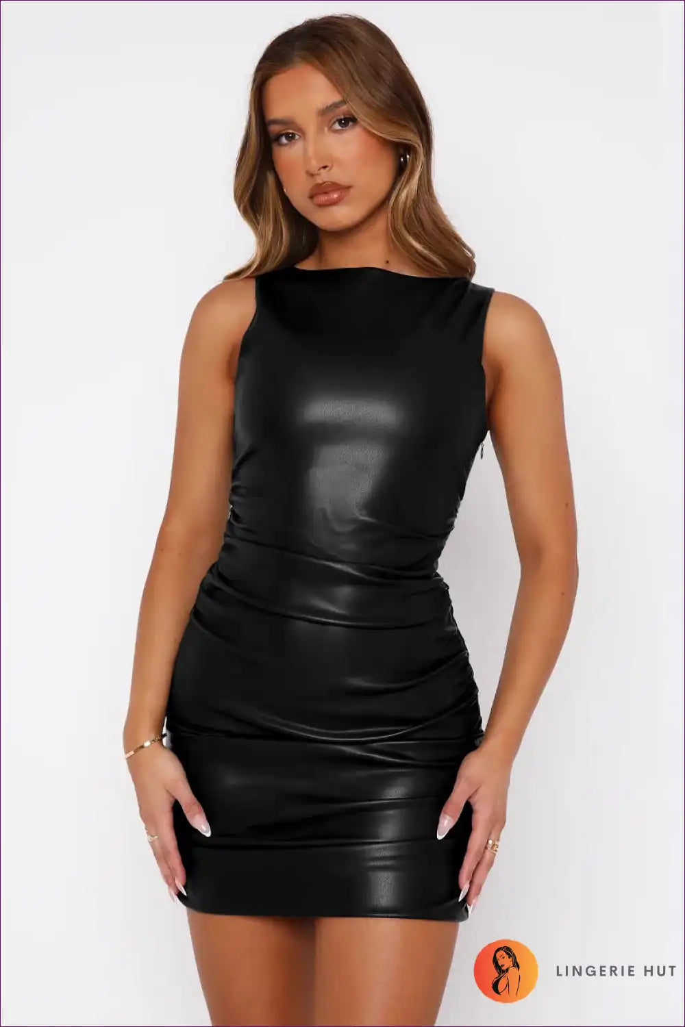 Ruched Faux Leather Bodycon Mini Dress for Party Nights Autumn, Bodycon, Formal Wear, Leather,
