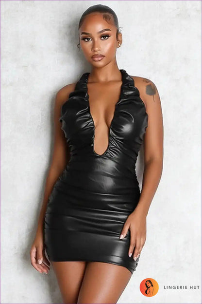 Ruched Faux Leather Halter Mini Dress for Party Nights - Bold Mood Energy Bodycon, Clubwear, Evening Wear,