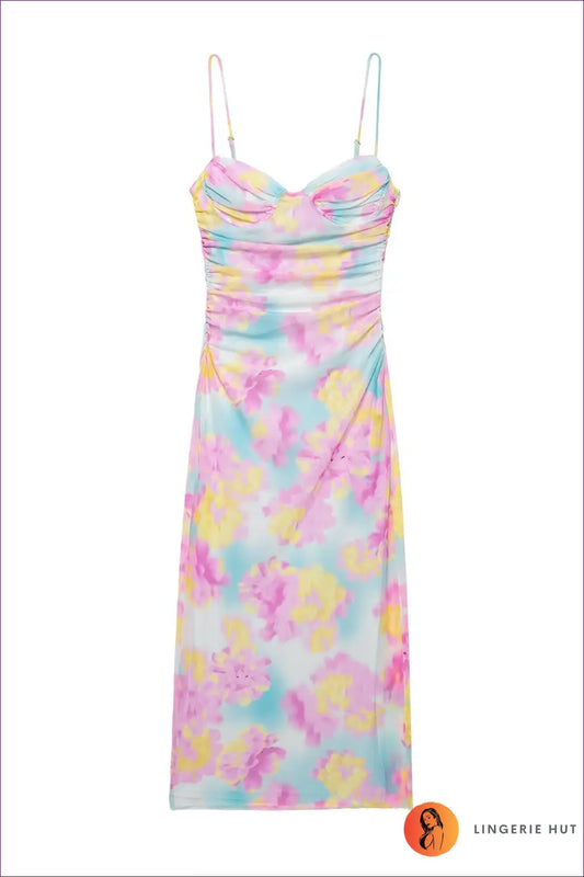 Ruched Floral Midi Dress - Sweetheart Neck - Xs / Multi - Bodycon • Boho • Casual • Everyday - Flightcourse