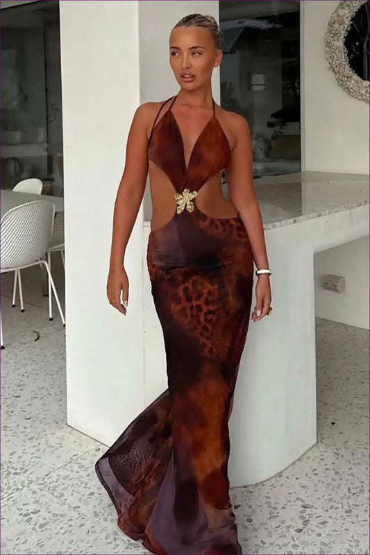 Ruched Halter Cut-out Maxi Dress for Party Nights - Wild Energy A-line, Animal, Backless, Clubwear, Cutout