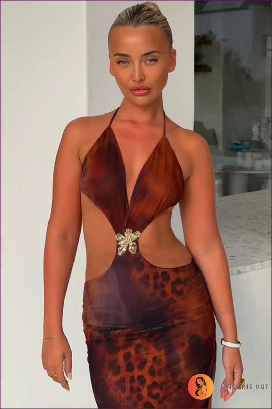 Ruched Halter Cut-out Maxi Dress for Party Nights - Wild Energy A-line, Animal, Backless, Clubwear, Cutout