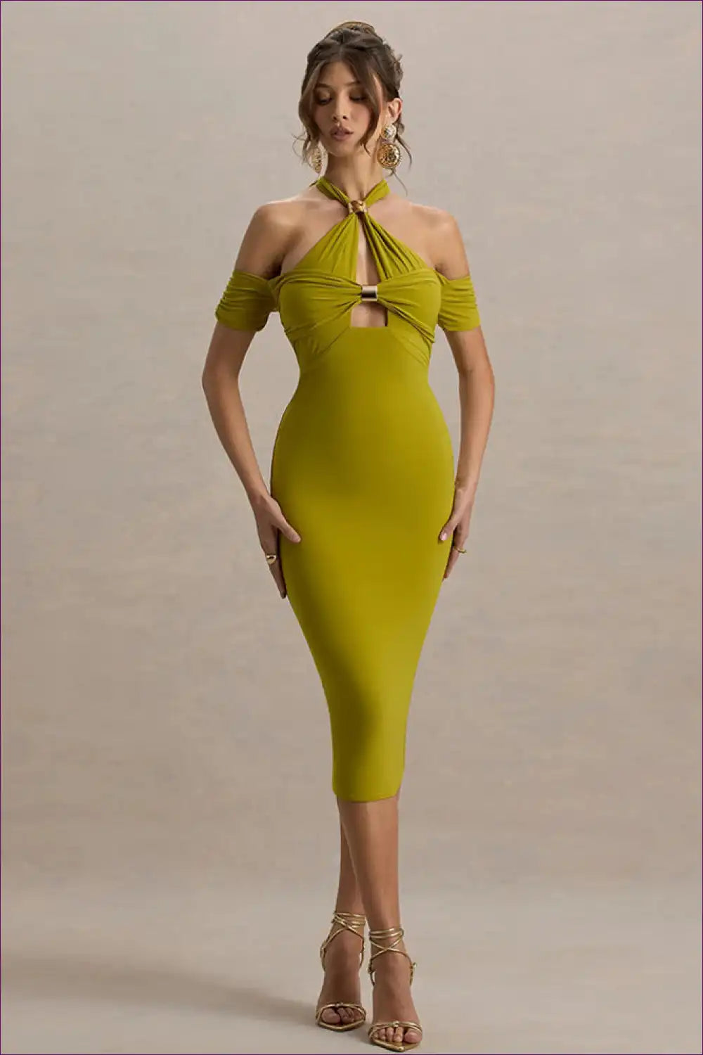 Ruched Halter Cut-out Midi Dress for Evenings out Bodycon, Cutout, Date Night, Evening Wear, Formal Wear