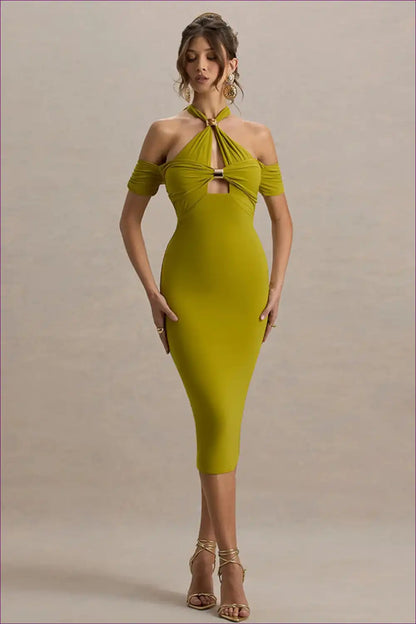 Ruched Halter Cut-out Midi Dress for Evenings out Bodycon, Cutout, Date Night, Evening Wear, Formal Wear