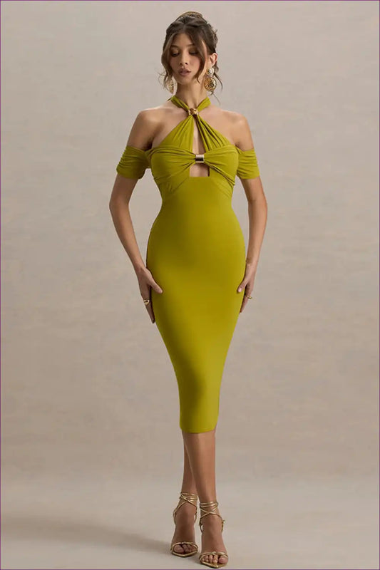 Ruched Halter Cut-out Midi Dress for Evenings out Bodycon, Cutout, Date Night, Evening Wear, Formal Wear