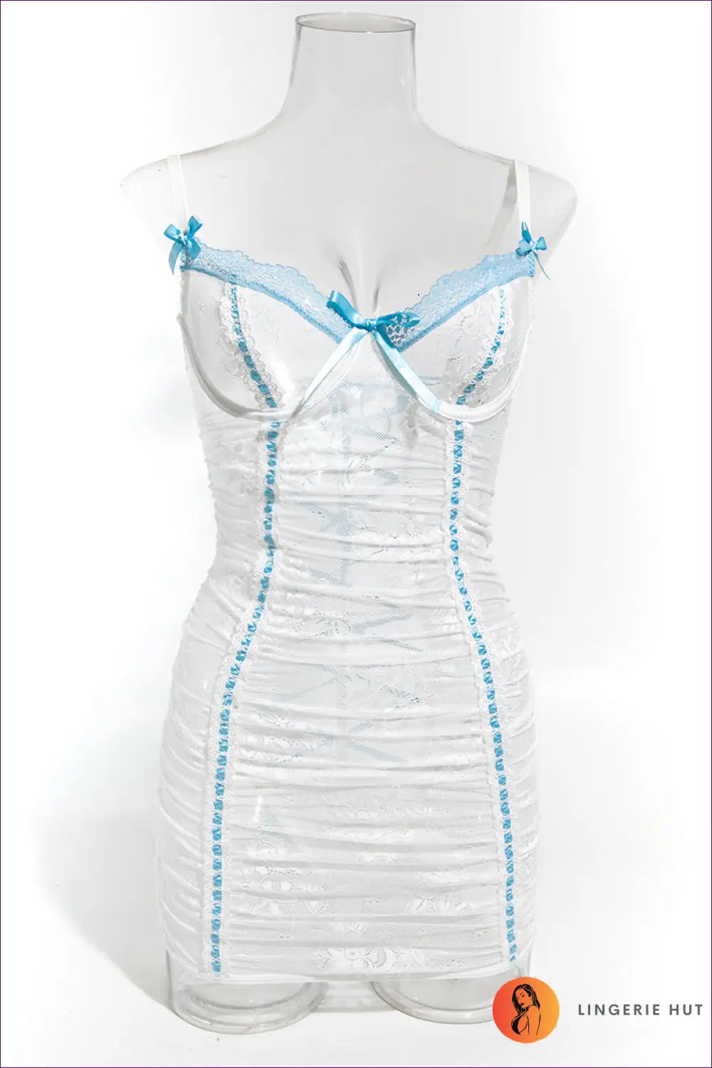 Ruched Lace Nightdress Two-piece Set - Effortless Romance - s / White and Blue - Lingerie Hut - All Season • Boudoir
