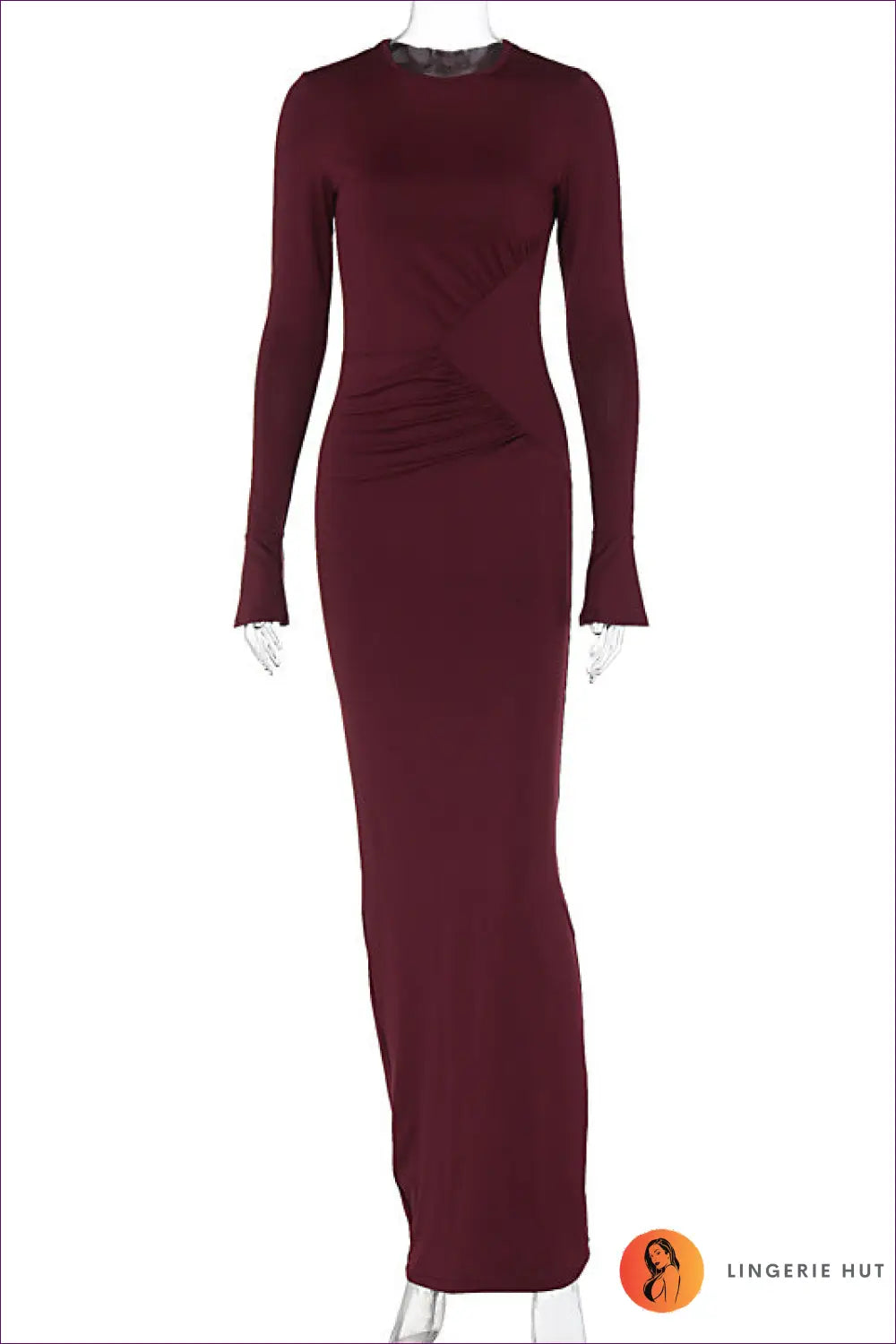 Ruched Long Sleeve Midi Dress - Understated Glamour - s / Burgundy - Dresses - Lingerie Hut - Autumn • Bodycon • Date