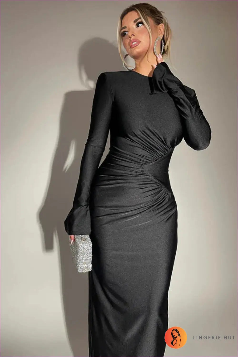 Ruched Long Sleeve Midi Dress - Understated Glamour - Dresses - Lingerie Hut - Autumn • Bodycon • Date Night • Evening