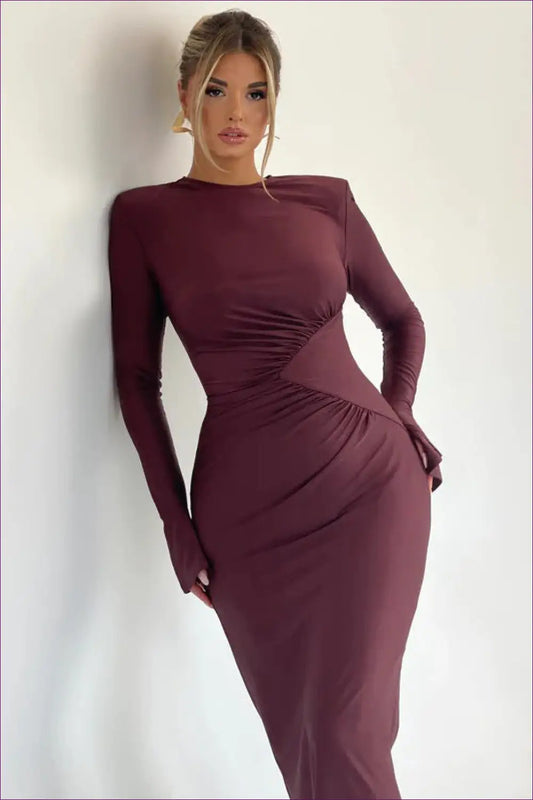 Ruched Long Sleeve Midi Dress - Understated Glamour - Dresses - Lingerie Hut - Autumn • Bodycon • Date Night • Evening