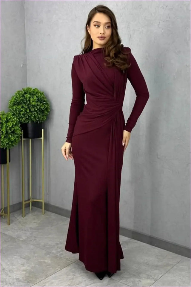 Ruched Maxi Dress with Draped Waist - Autumn Evening Grace