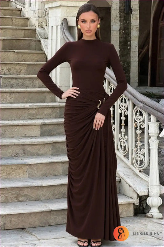 Ruched Maxi Sheath Dress with Ring Detail