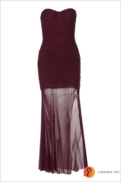 Ruched Mesh Maxi Dress with Side Split for Summer Nights Bodycon, Date Night, Evening Wear, Formal