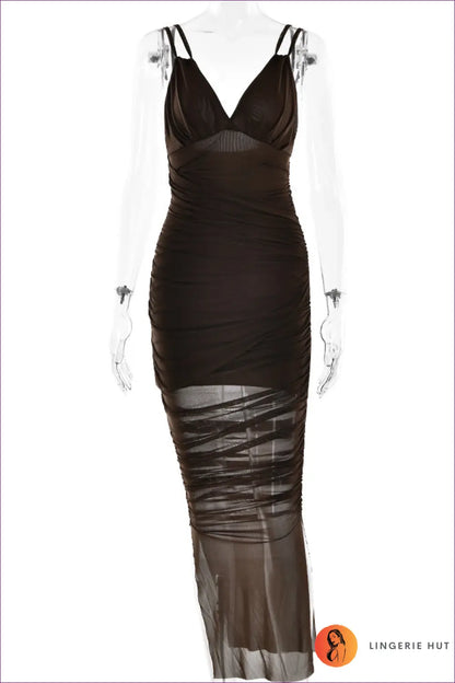 Ruched Mesh Midi Dress - Understated Evening Glamour - s / Coffee - Dresses - Backless • Bodycon • Evening Wear