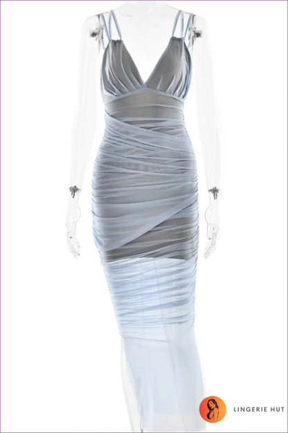 Ruched Mesh Midi Dress - Understated Evening Glamour - s / Blue - Dresses - Backless • Bodycon • Evening Wear