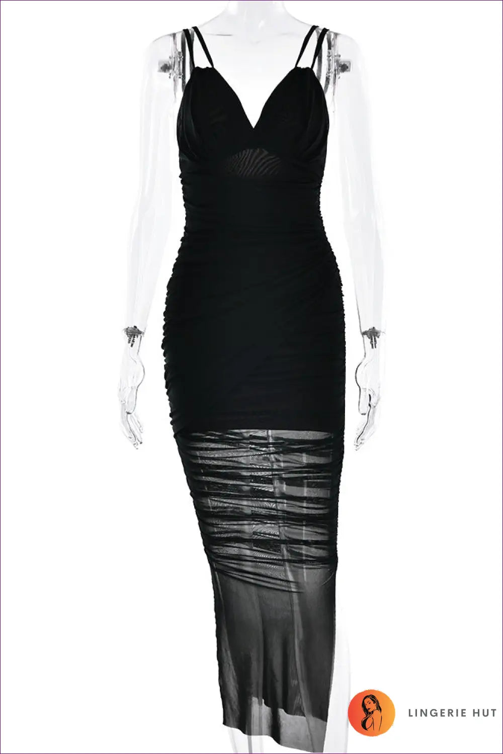 Ruched Mesh Midi Dress - Understated Evening Glamour - s / Black - Dresses - Backless • Bodycon • Evening Wear