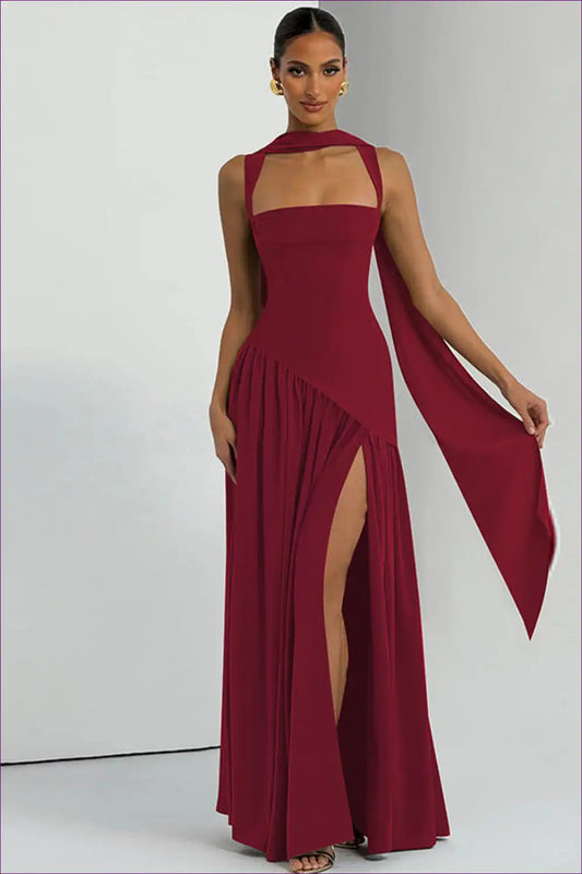 Ruched Ribbon Maxi Cami Dress with Soft Sheen and Side Split for A-line, Dress, Evening Wear, Formal Maxi