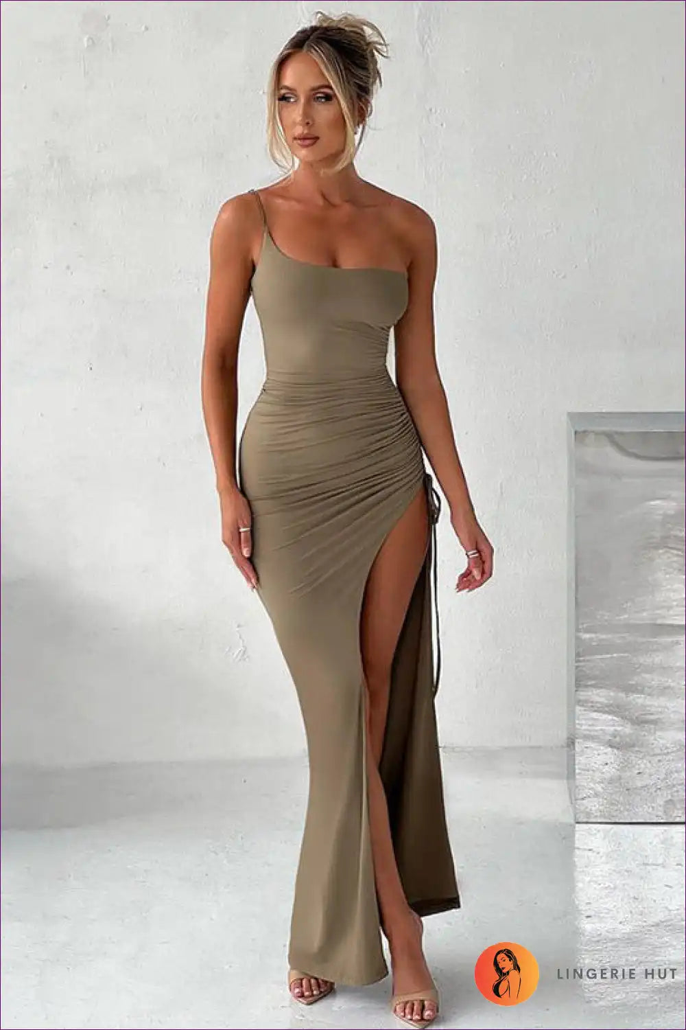 Ruched One-shoulder Maxi Dress with High Split - After-dark Glamour for Bodycon, Dresses, Evening Wear,