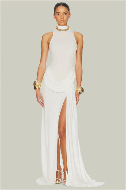 Ruched Sleeveless Maxi Dress with High Split for Bodycon, Evening Wear, Formal Maxi,