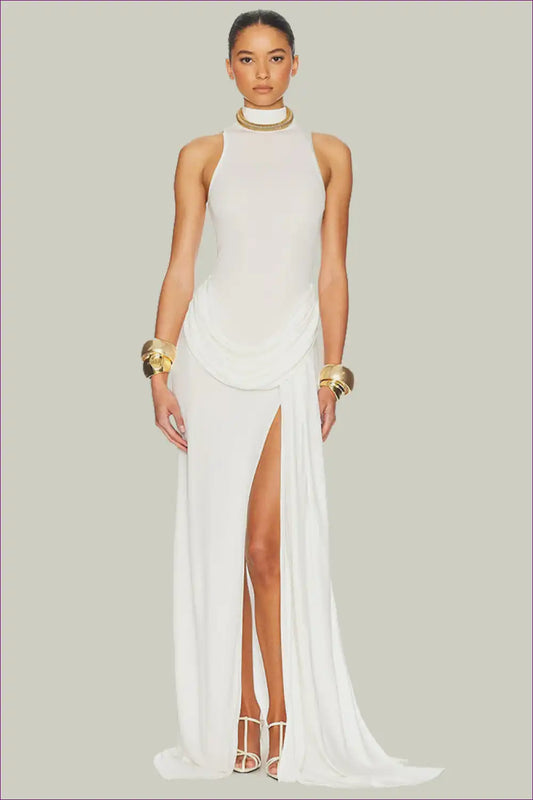 Ruched Sleeveless Maxi Dress with High Split for Bodycon, Evening Wear, Formal Maxi,