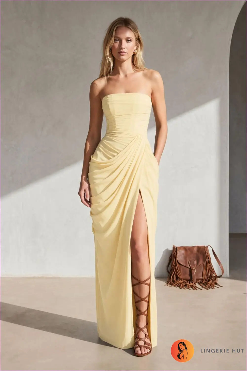 Ruched Strapless Maxi Dress - Front Slit - s / Yellow - Bodycon • Elegant • just in • Dio